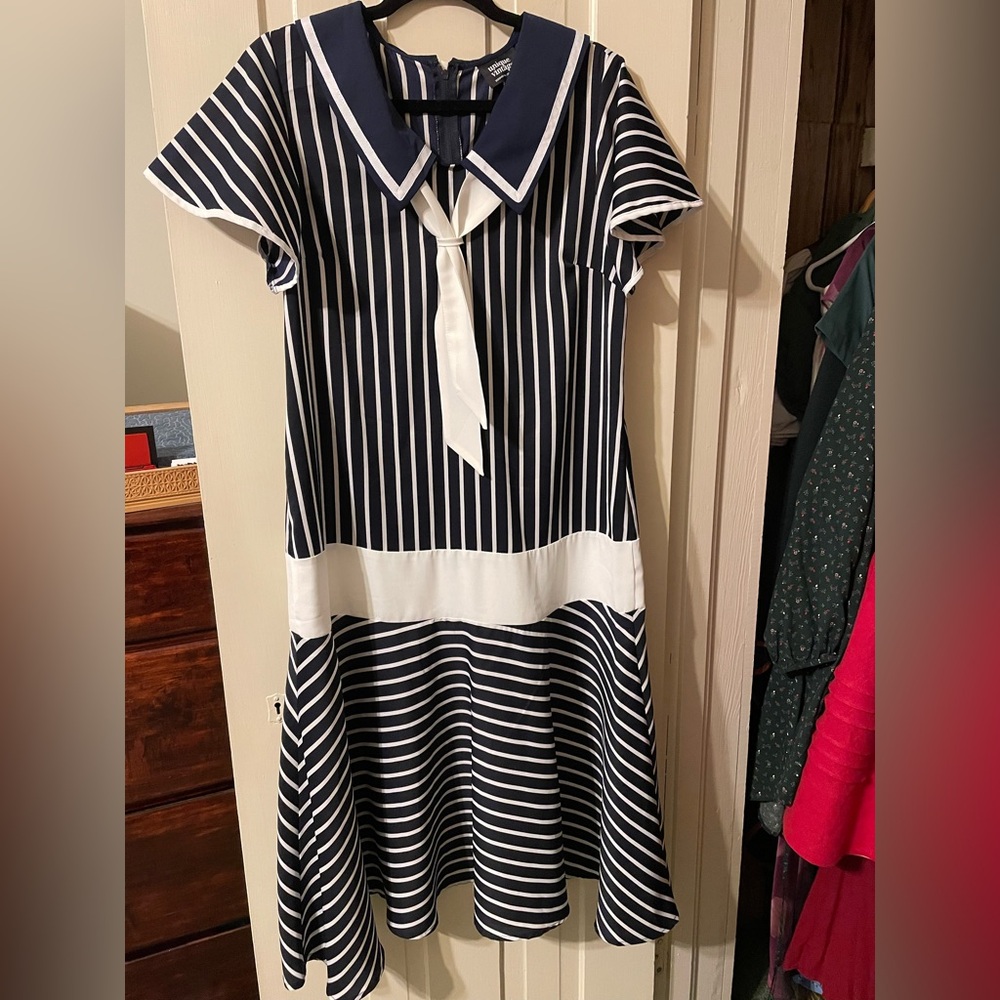 Unique Vintage Navy and White Striped Drop Waist 1920s Dress Size Large